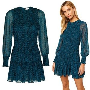 NEW MISA Los Angeles Roisin Blue Chiffon Ruffle Long Sleeve Mini Dress